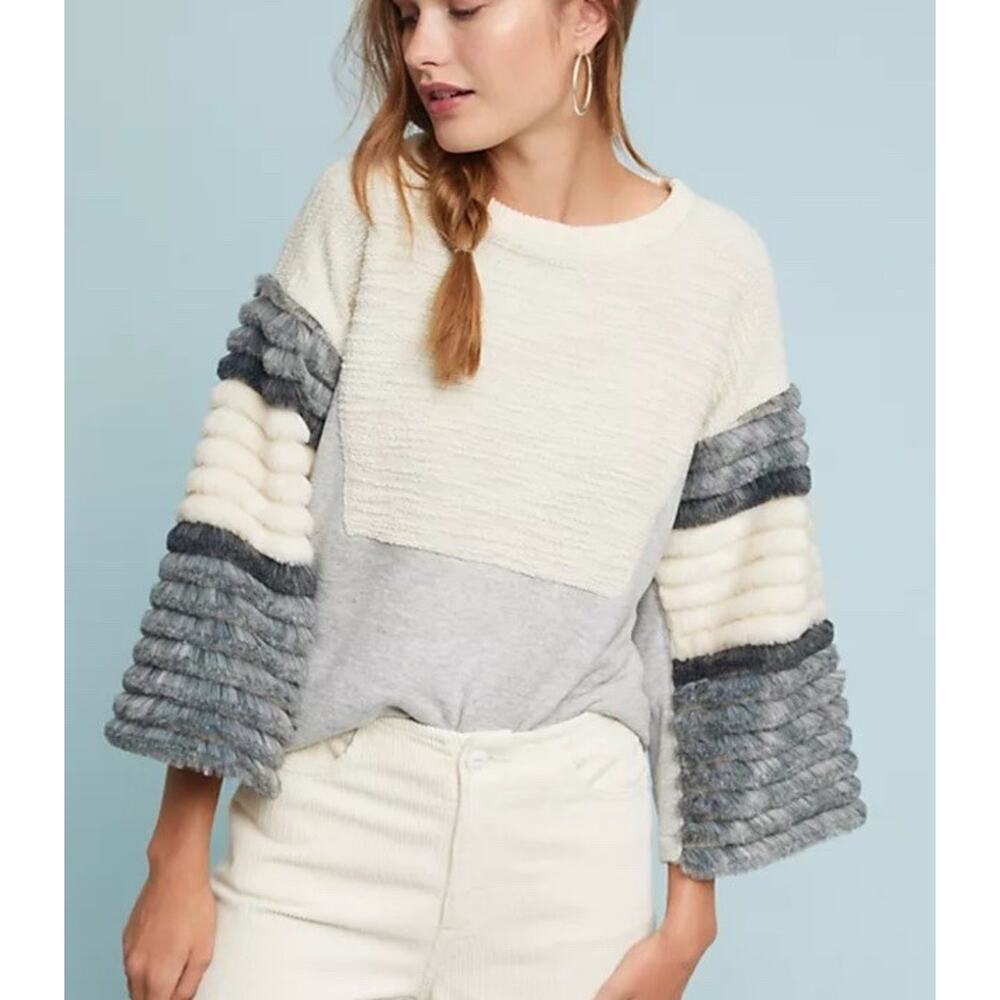 Anthropologie AMADI Neve Sweater Size Sm Faux Fur Striped Textured Sleeves Boho